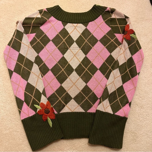 Joystick Vintage Pink & Green Argyle Sweater with Embroidered Flowers - Picture 5 of 6